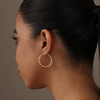 LeCalla Real 925 Sterling Silver Textured Two-Tone Three-Tone 14K Gold Plated Lightweight Italian Design Hoop Earrings for Women Diameter 25,30,40,45,50mm - color: Textured Medium-30mm