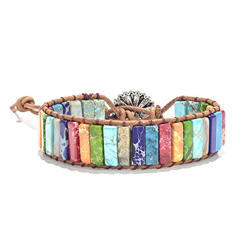 sedmart 7 Chakra Bracelets for Women with Real Stones Leather Wrap Healing Bead Bracelet Women Men Boho Friendship Jewelry - color: A1 Colorful Sunflower Button