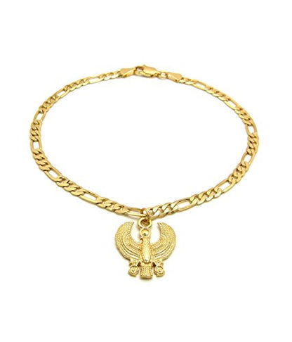 Fashion 21 Women's Cross, Ankh, Queen Nefertiti Piece 10 inches Figaro Chain Anklet Foot Bracelet in Gold Tone - style: Horus Bird / Figaro