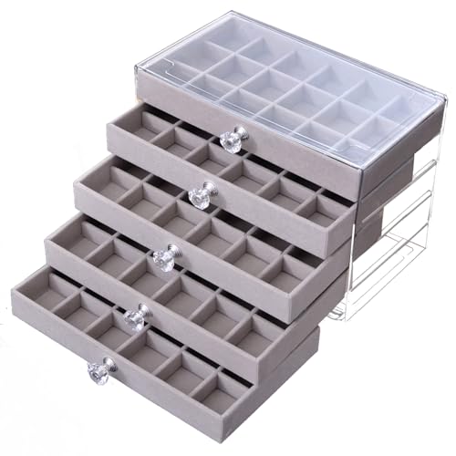 SPAKOWN Earring Box Holder Organizer Display Case, Clear Velvet Jewelry Storage Tray Organizer for Earring Ring Stud (Grey - 5 Drawers) - color: Grey, size: 5 Drawers