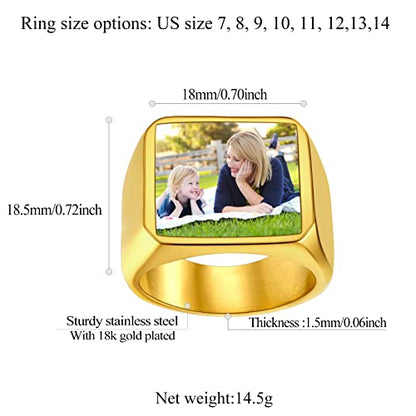 FindChic Customized Signet Photo Rings Square/Heart/Round Chunky Band Ring Stainless Steel/18K Gold Plated/Black Size 7 to 14 Personalized Jewelry for Men Women, Send Gift Box - color: 01. square-no stones (gold)