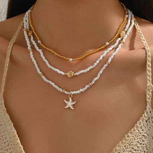 Nackiy Shell Necklace for Women, Handmade Summer Beach Jewelry Gift | Natural Sea Shell Necklace, Adjustable Collar Fit, Coastal Beach Style, Shell Starfish Charms, Lightweight Summer Jewelry - color: Gold-Plated 4