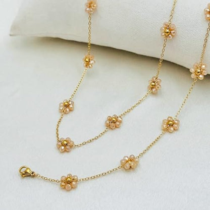 Daisy Pearl Jewelry Set for Women, 14K Gold Plated Stainless Steel Necklace Bracelet Earring 3 Piece Set, Dainty Pearl Choker Flower Necklace Birthday Gift for Her - color: Champagne