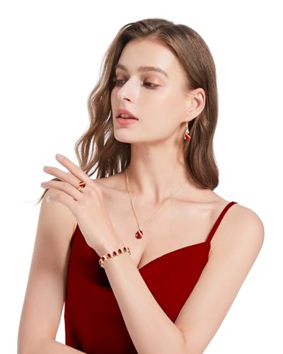 GZWHD Jewelry Set for Women CZ Earrings Necklace Ring Bracelet Set Prom Party Wedding Jewelry Gift for Mother Friend Wife - color: A-Gold-Ruby
