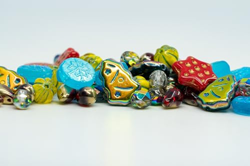 2.1oz (60g) of Christmas Czech Glass Bead Mix 2024 with Trees, Melons, Snowflakes and Faceted Beads, Dark Green Yellow Xmas - color: Christmas Mix 2024
