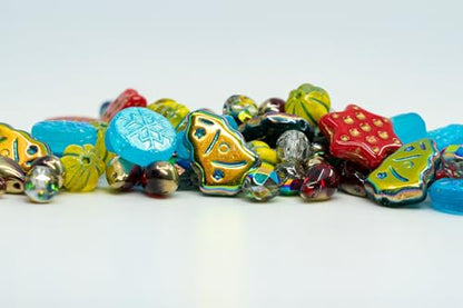 2.1oz (60g) of Christmas Czech Glass Bead Mix 2024 with Trees, Melons, Snowflakes and Faceted Beads, Dark Green Yellow Xmas - color: Christmas Mix 2024