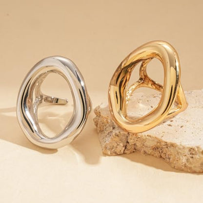 Chunky Irregular Hollow Oval Statement Ring For Women Adjustable Open Band Geometric Fashion Jewelry Gold Tone Or Silver Tone - color: Silver