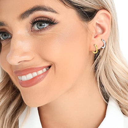 3 Pairs 925 Sterling Silver Small Huggie Hoop Earrings for Women Men | 14K White Gold Plated, Hypoallergenic, Small Silver Hoops - color: F-3 Colors 8mm