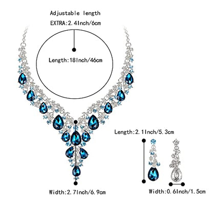 Wedding Bridal Necklace Earrings Jewelry Set for Women | Gorgeous Austrian Crystal Teardrop Flower Cluster for Bridal Bride Bridesmaid - color: 2Pcs-Blue Topaz Silver-Tone