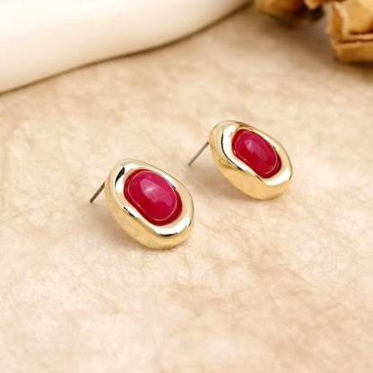 Jean Beau Chunky Gold Stone Stud Earrings for Women, Trendy Natural Gemstone Hypoallergenic Earing Valentine Jewelry Gift - color: Fuchsia
