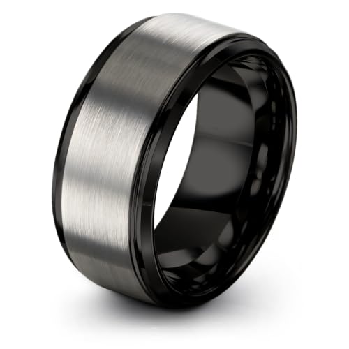 Tungsten Wedding Band Ring Black 10mm Men Women Comfort Fit 18k Rose Gold Step Edge Brushed Polished - color: Black Grey Tungsten
