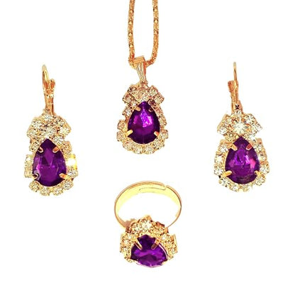 Jewelry Set for Women Love Heart Alloy Artificial Crystal Earrings Pendant Necklace Ring Wedding Party Prom Anniversary Birthday Engagement for Bridal Bridesmaid Girlfriend - color: purple water drop