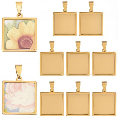 1 Box 10Pcs Stainless Steel Square Bezel Pendant Trays Cabochon Bezel Blanks Bulk 20mm Small Gold Charms DIY Pendant Tray Base for Jewelry Making Resin Craft Photo Necklace Bracelets Adults - style: gold square