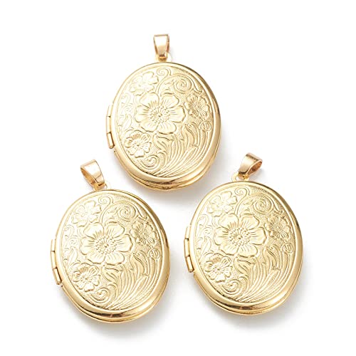 Craftdady 18K Gold Plated Brass Photo Locket Frame Pendants Charms for Necklaces Personalized Jewelry Crafts Making - size: 33.5x23.5mm Oval