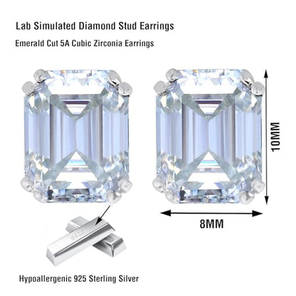 925 Sterling Silver 2-4 Carat Lab Simulation-Diamond Stud Earrings 5A Cubic Zirconia Stud Earrings Hypoallergenic White Gold Plated, Perfect Jewelry Gifts - style: Emerald Cut 8x10MM