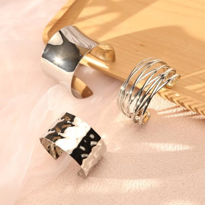 3PCS Gold Chunky Cuff Bracelets for Women Irregular Minimalist Statement Bangle Bracelets Set Open Wide Bangle Arm Cuff Upper Arm Punk Jewelry - color: 3PCS Bracelet Style 3