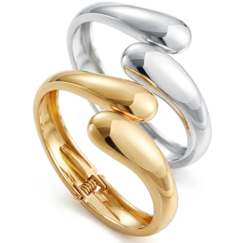 Chunky Gold Bangle Bracelets for Women, Dainty 14k Gold Plated Big Stackable Bangles Set, Trendy Statement Cuff Bracelet Stack Fashion Jewelry Gifts - style: 2 Silver & gold dome bangles