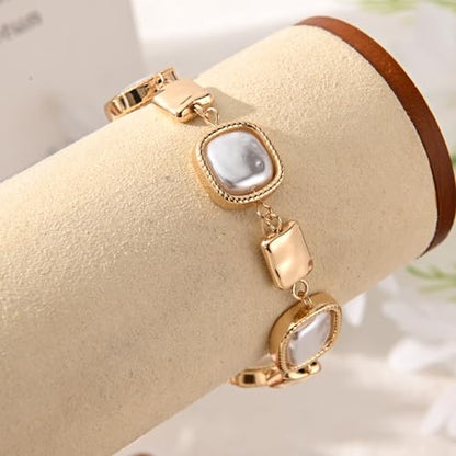 14K Gold & Silver Plated Lightweight Link Bracelet for Women | Stackable Bracelets ,14K Gold Plated Bracelets with CZ,Lightweight Trendy Chain Bracelet Jewelry Gift - style: square&pearl