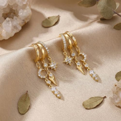 Sonateomber Gold Silver Small Hoop Dangle Earrings for Women, Trendy Dainty Rhinestone CZ Dangling Prom Wedding Leaf Flower Snowflake Butterfly Starfish Fashion Jewelry Gift - color: Celestial Star