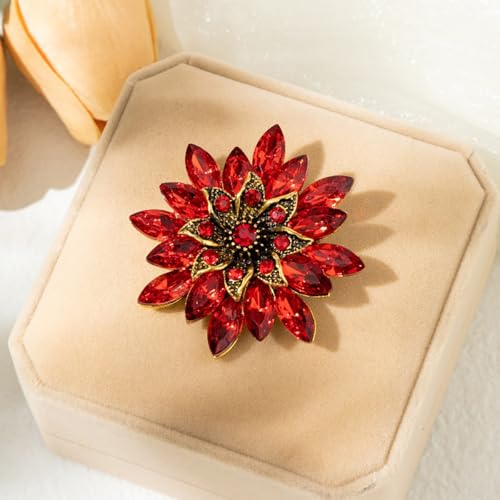 Sparkling Rhinestone Flower Brooch Pin Fashion Crystal Sunflower Brooch Floral Lapel Pins Red/Green/Purple/Pink Crystal CZ Broochs Large Flower Pin Clothes Hat Bag Dress Broochs Wedding Bridal Jewelry for Women - color: Red