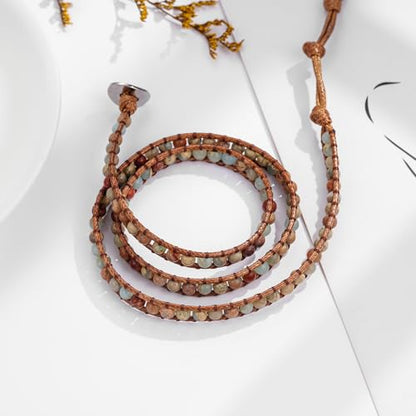 Plumiss Women Boho Handmade Natural Stone Crystal Leather Bead Wrap Bracelets Collection - style: 4mm Agalmatolite 3W