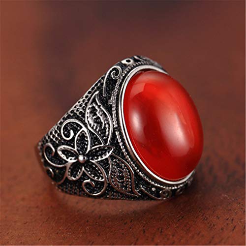 Retro Unisex Stainless Steel Oval Gemstone Hollow Flower Carved Signet Ring - color: Silver-Red