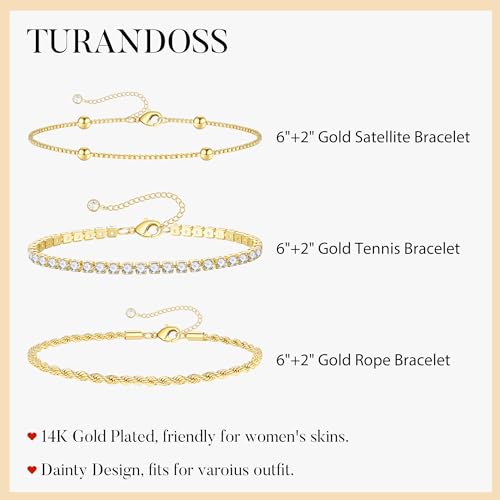 Turandoss Gold Bracelets for Women - Dainty 14K Gold Plated Tennis Bracelet | Stackable Cross Beaded Set, Twisted Rope Chain, Snake Paperclip Chain, Knot Cuff Bracelets for Women, Jewelry Gifts - color: Satellite Tennis Set