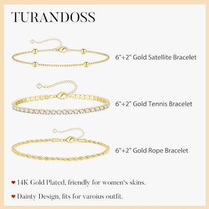 Turandoss Gold Bracelets for Women - Dainty 14K Gold Plated Tennis Bracelet | Stackable Cross Beaded Set, Twisted Rope Chain, Snake Paperclip Chain, Knot Cuff Bracelets for Women, Jewelry Gifts - color: Satellite Tennis Set