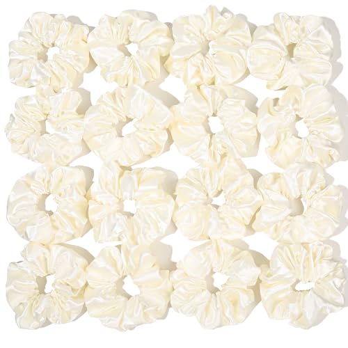 16 Pcs Scrunchies for Women - White Satin Silk Scrunchies for Girls Hair Ties Elastics Bands Ponytail Holder Hair Accessories - color: WHITE