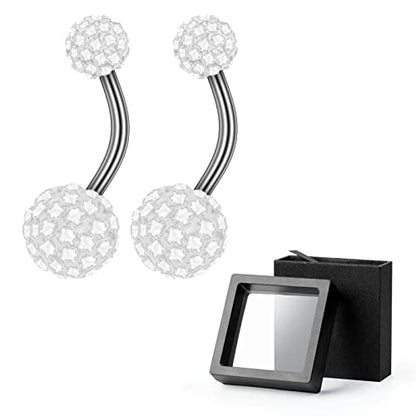 2-Piece 14G Belly Button Rings, Rhinestone Disco Balls | Hypoallergenic stainless steel with 5mm top and 8mm bottom rhinestone balls, gift-boxed navel piercing jewelry for women - color: White