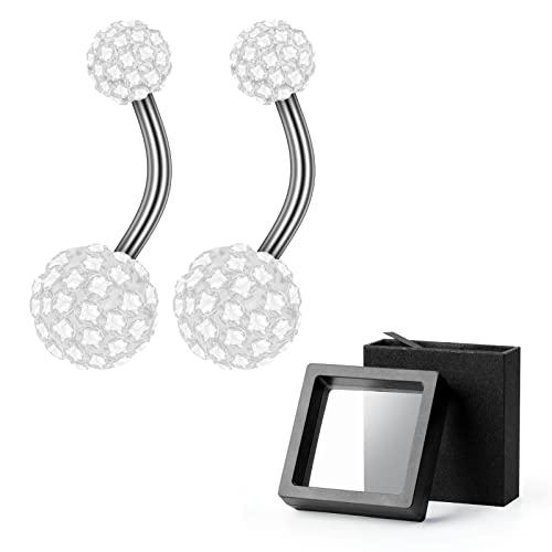 2-Piece 14G Belly Button Rings, Rhinestone Disco Balls | Hypoallergenic stainless steel with 5mm top and 8mm bottom rhinestone balls, gift-boxed navel piercing jewelry for women - color: White