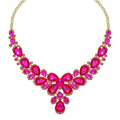Women's Wedding Bridal Austrian Crystal Glass Teardrop Statement Necklace Dangle Earrings Bracelet Ring Wedding Party Jewelry Set for Bridal Bridesmaid - color: Pink-Gold Plated