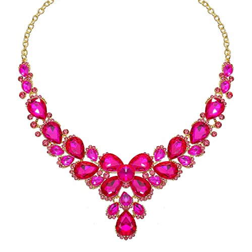 Women's Wedding Bridal Austrian Crystal Glass Teardrop Statement Necklace Dangle Earrings Bracelet Ring Wedding Party Jewelry Set for Bridal Bridesmaid - color: Pink-Gold Plated