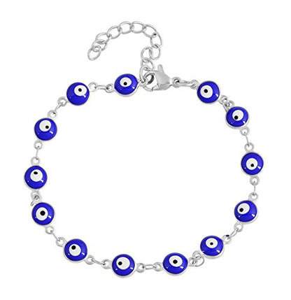 Women's Charm Enamel Evil Eye Protection Link Chain Bracelet - color: Silver,Blue