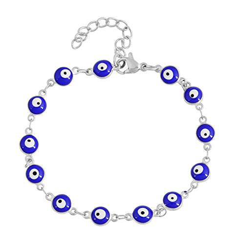Women's Charm Enamel Evil Eye Protection Link Chain Bracelet - color: Silver,Blue