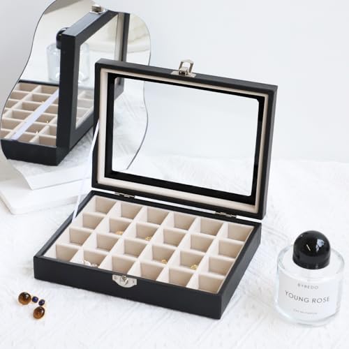 Wudygirl 24 Grid Earring Organizer Small Jewelry Box with Lid BlackBeige | Ring Box with Adjustable Dividers, Velvet Lining, Ideal for Rings, Earrings, Jewelry Display, Gift Giving - style: Black Beige 24 Grid