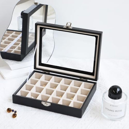 Wudygirl 24 Grid Earring Organizer Small Jewelry Box with Lid BlackBeige | Ring Box with Adjustable Dividers, Velvet Lining, Ideal for Rings, Earrings, Jewelry Display, Gift Giving - style: Black Beige 24 Grid