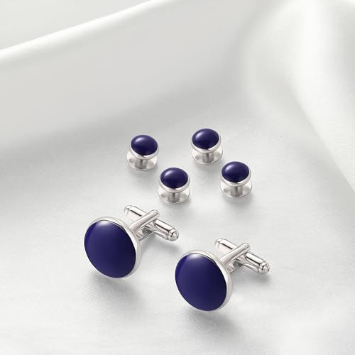 Men's Cufflinks & Tuxedo Studs Set - 316L Stainless Steel Formal Wedding Jewelry, Groomsmen Gift Set with Gift Box - color: 6pcs Blue Silver