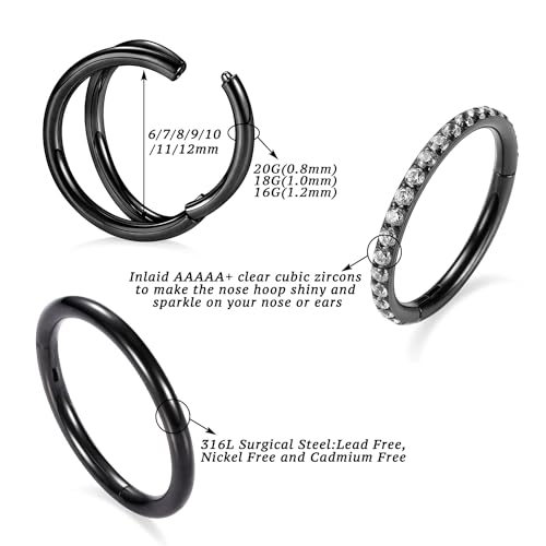 PEAKLINK 3pcs Double Nose Rings Double Nose Hoops 316L Surgical Steel Cartilage Earrings 20G/18G/16G Septum Rings Conch Piercing Helix Lip Rook Daith Tragus Pierxing Jewelry 6mm to 12mm - color: Black
