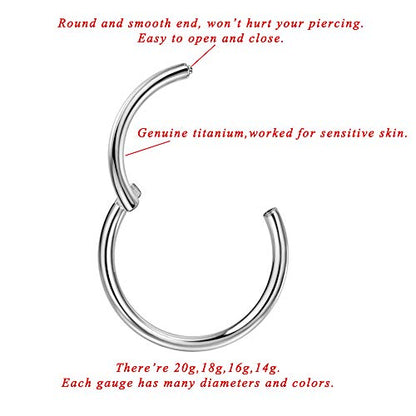 Titanium Nose Rings Hinged Hypoallergenic Nose Hoop for Women & Men | Seamless Clasp, Used in Nostril, septum, lip, and all ear piercings. 20 Gauge to 10 Gauge, Inner Diameter 5mm to 16mm - color: Silver, size: 16 Gauge,6mm
