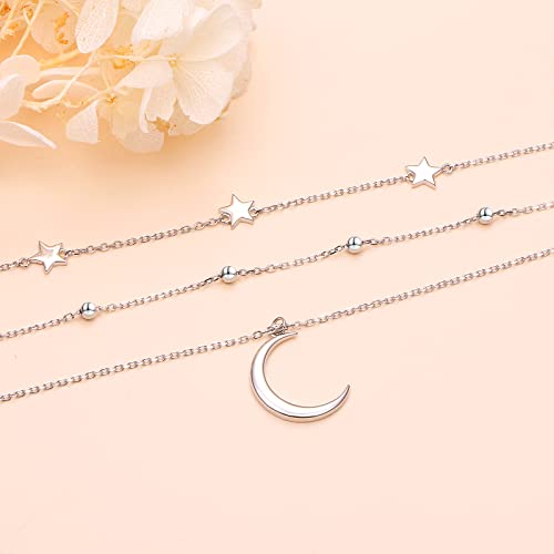 925 Sterling Silver Multilayer Layered Triple Long Chain Necklace for Women - style: Moon Star