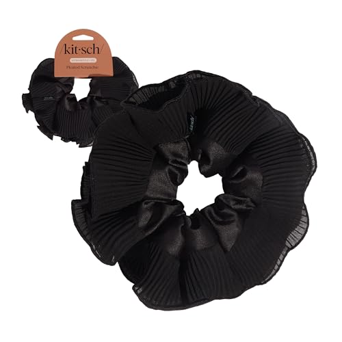 Kitsch Pleated Scrunchie for Women - 1pc | No Crease Hair Ties No Damage, Stylish and Comfortable Fabric Ponytail Holders for Everyday Hairstyles & Spooky Season Looks - color: Black (1pc)
