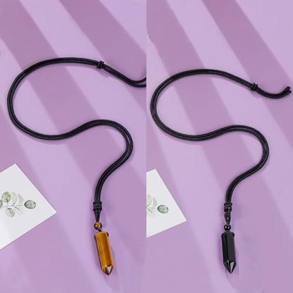 Top Plaza Healing Crystal Stone Necklaces for Men Hexagonal Pendant Necklaces Adjustable Braided Rope Natural Gemstone Necklace Jewelry Christmas Gift for Dad, Husband - color: 2pcs-Tiger Eye Stone+Black Obsidian