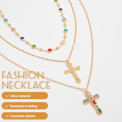 Layered Cross Necklace Set for Women, Layered Choker Necklaces Trendy Jewelry, Colorful Enamel Beaded Y-Shaped Lariat Necklace, Boho Multilayer Cross Necklace for Party and Daily Wear - color: Gold-09