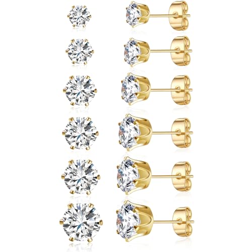 Gemsme 5 Pairs Princess Cut Cubic Zirconia Stud Earrings for Women/Men - 18K Gold Plated Hypoallergenic 3-7mm Square Clear CZ Earring Set - color: Yellow Gold-Round 6 Prong