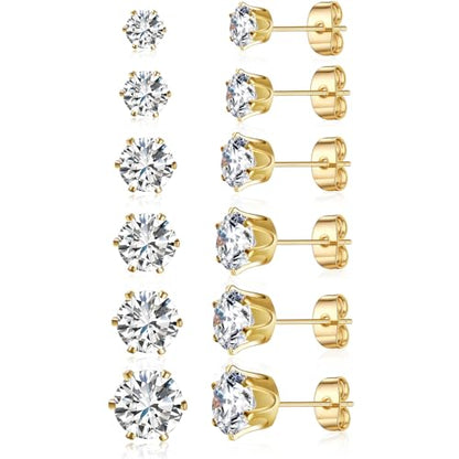Gemsme 5 Pairs Princess Cut Cubic Zirconia Stud Earrings for Women/Men - 18K Gold Plated Hypoallergenic 3-7mm Square Clear CZ Earring Set - color: Yellow Gold-Round 6 Prong