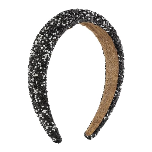 Glitter Crystal Headband for Women Sparkly Bling Diamond Headband Wide Hairband Sparkle Beaded Crystal Headband Thick Padded Headband for Party Non Slip Glitter Hair Hoop (Black, L) - color: Black