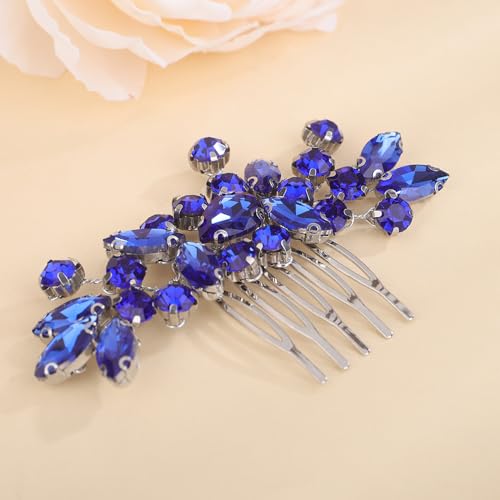 Dainty Teardrop Rhinestone Crystal Wedding Hair Comb Handmade Hair Side Comb Women Girls Wedding Headpiece Silver Gold Wedding Hair Accessories for Brides Bridesmaid (blue) - color: blue