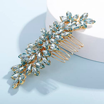 Teyglen Women's Mint blue Rhinestones Hair Comb, Luxurious Hair Accessories for Wedding, Party, Christmas, Photoshoot, Halloween, Seaside Beach - Manual, 15 *6cm/5.9 *2.36 inches, 1 Count - color: Mint blue