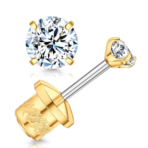 Limerencia Moissanite Stud Earrings, F136 Titanium Screw Back Earrings, D Color VVS1 Clarity Lab-created Moissanite Earrings, Hypoallergenic G23 Pure Titanium for Women Men Sensitive Ears - color: Gold, size: 3mm